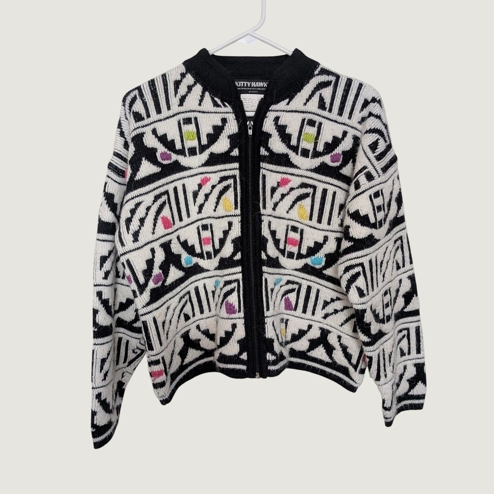Vintage 80s Kitty Hawk Geometric Full Zip Sweater Black White Multi Color Large